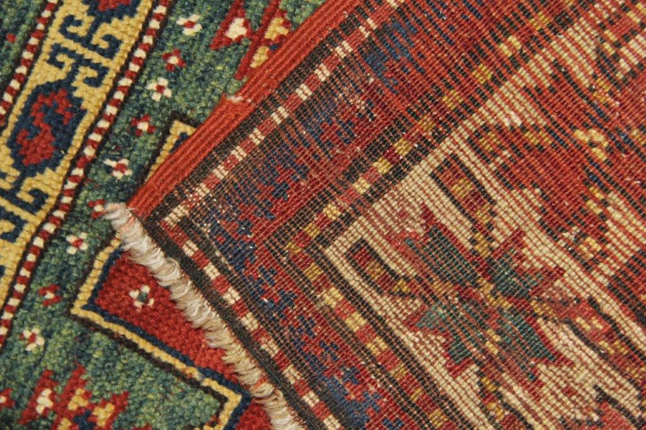 Organic Material Antique Rugs Handmade Carpet Green Oriental Rug Caucasian Kazak Rug for Sale For Sale