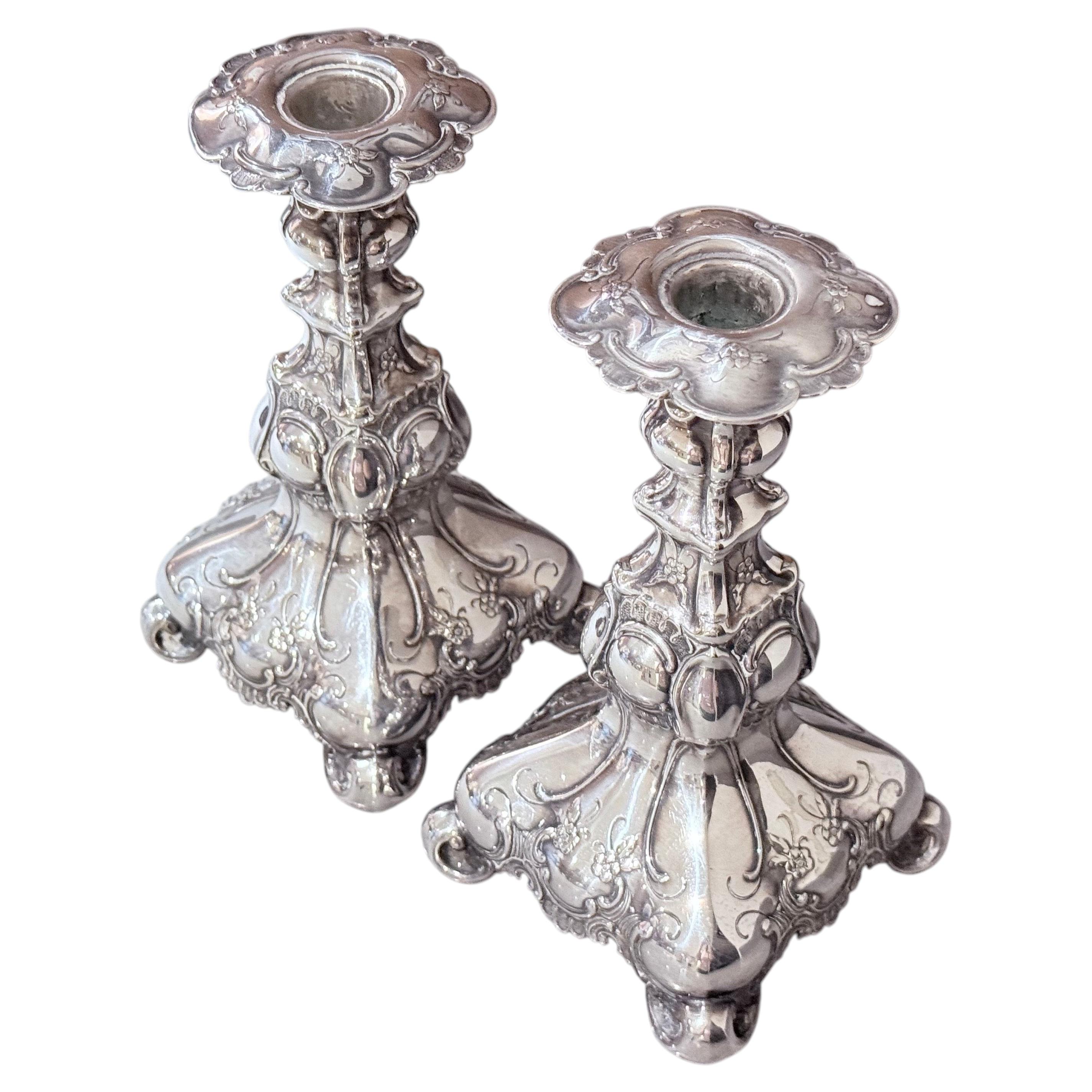 Antique Pair of Candle Holder Silver Rococo Style Candlesticks, 1937s Home Decor