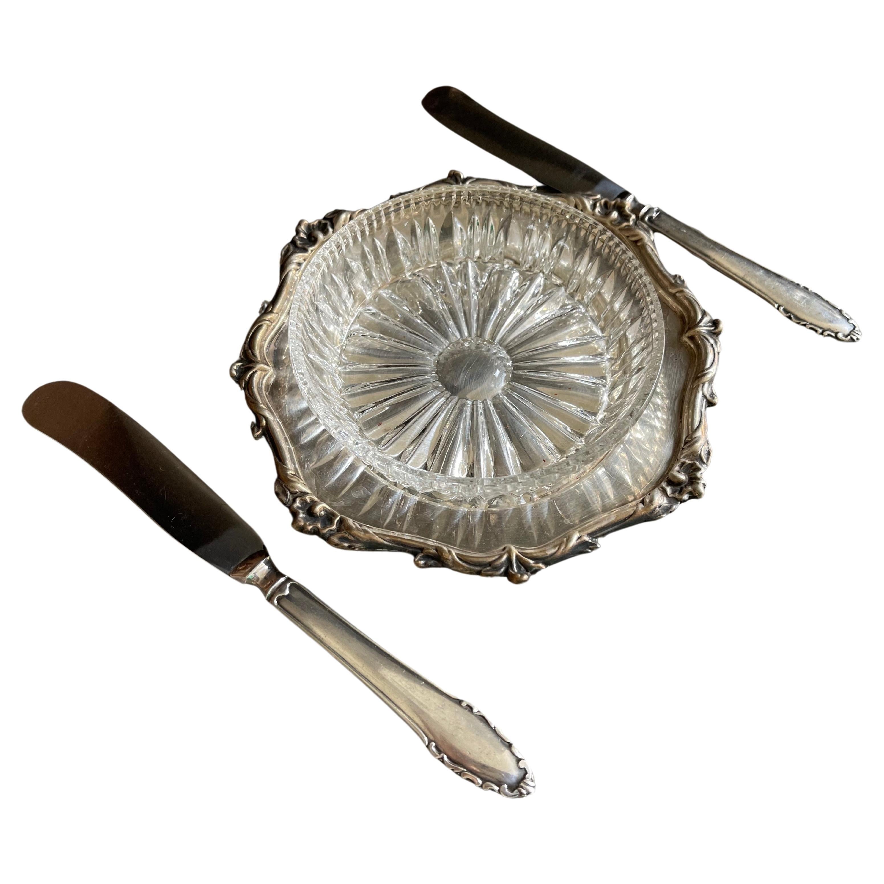 Antiguo Plato y Cuchillo de Mantequilla, Plato de Mantequilla de Cristal de Plata Vajilla Decorativa de Mesa en venta