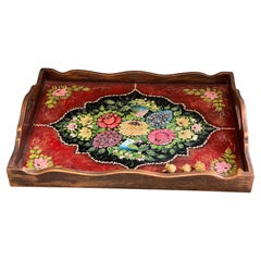 Used Tea Tray Oriental Flower and chicken Hand Painting Wooden Serving Tray