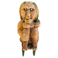 Antique Wooden Sculpture Decorative Figurine Seated Figure on Stool Swedish