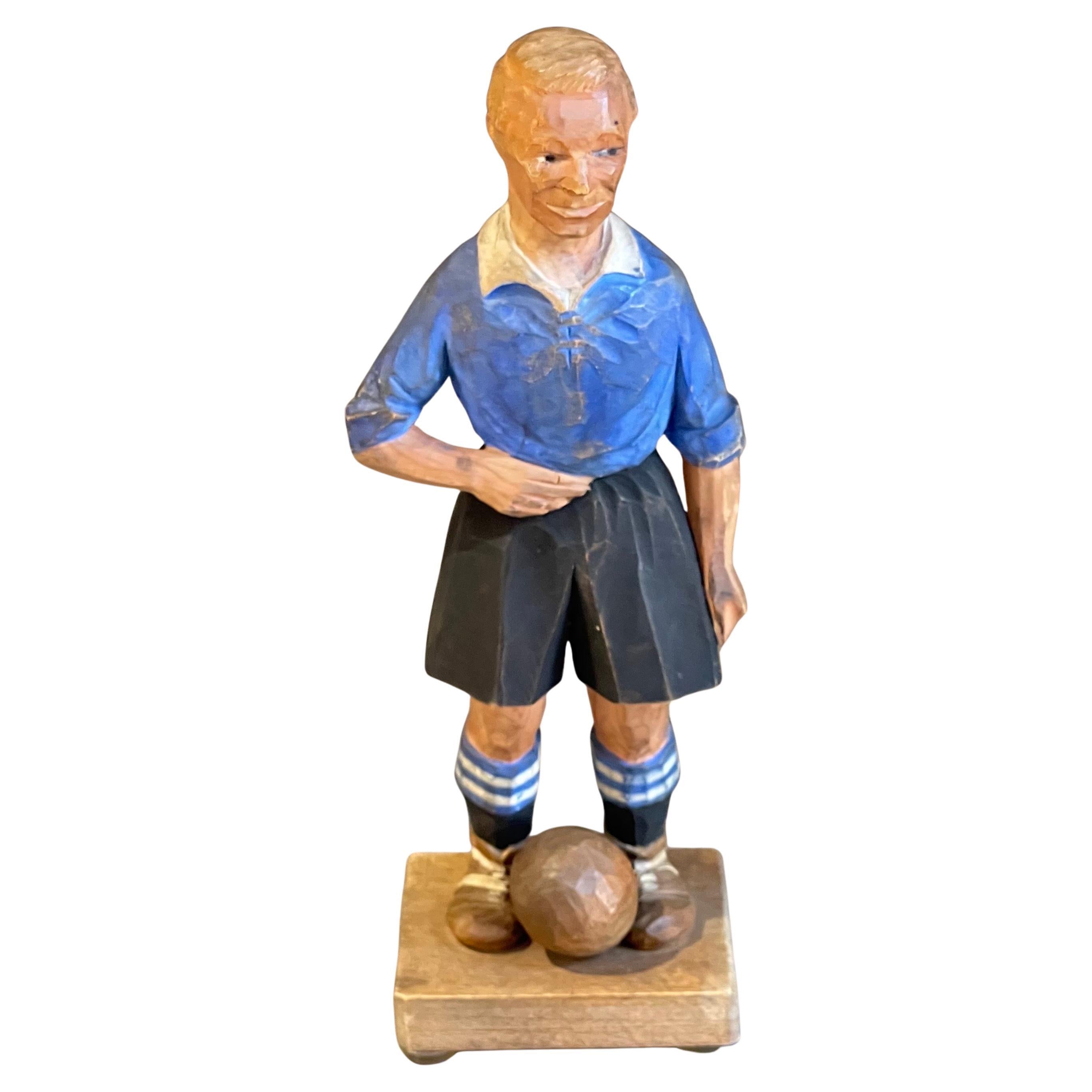 Antique Decorative Wooden Figurine Footballer Carl Olof Trygg Carving Sculpture For Sale