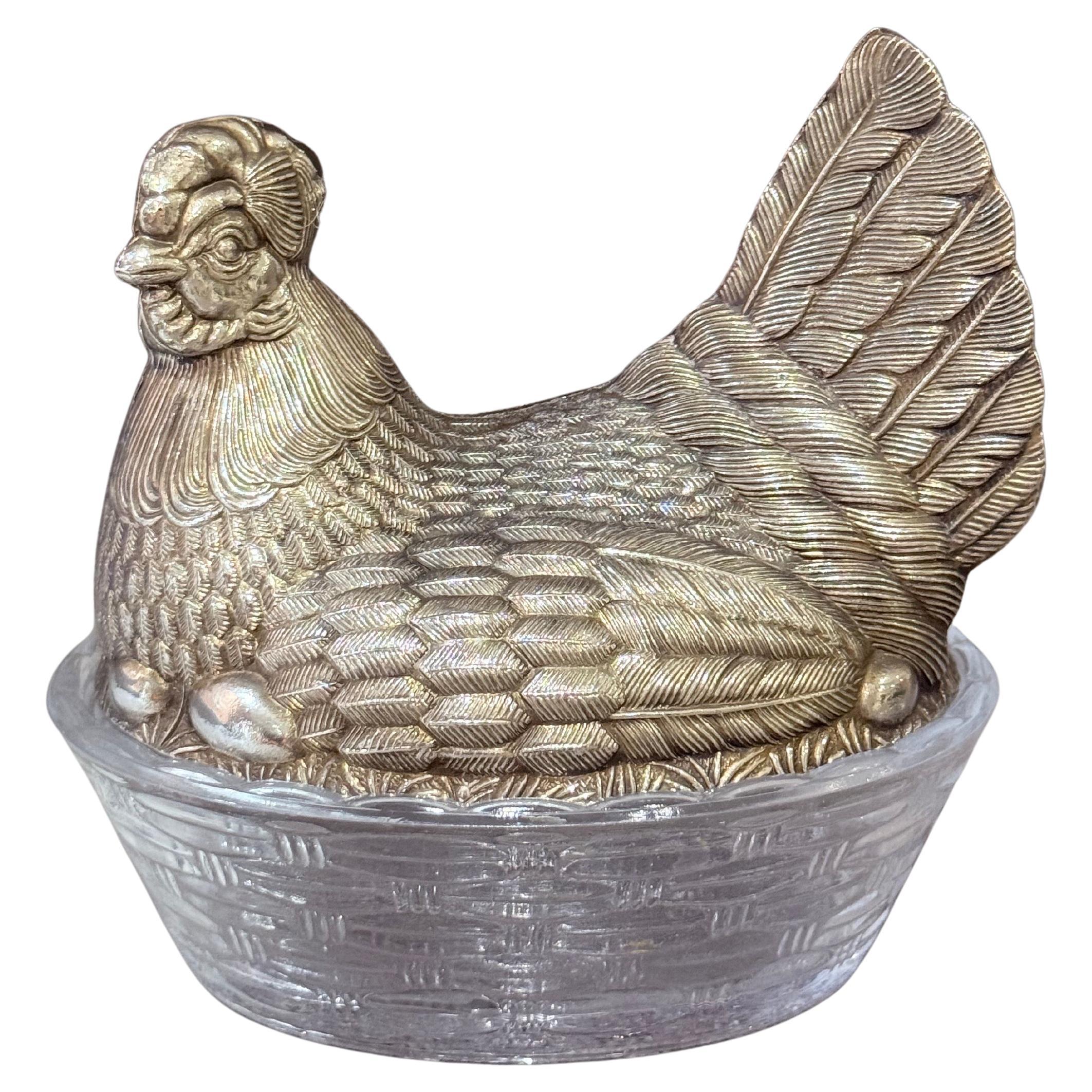 Antico portauovo di gallina in cristallo e argento, scultore, decorazione per la cucina, smalto VTG