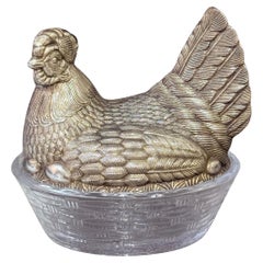 Antico portauovo di gallina in cristallo e argento, scultore, decorazione per la cucina, smalto VTG