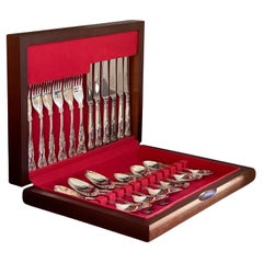 24 Cutlery Set, Silver Plated Dinner Spoon & Fork in Wooden Boxes Tableware