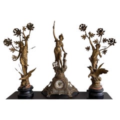 Antique TABLE LAMP Brass, Auguste Moreau Gilt Sculptural Three-Piece Clock Set