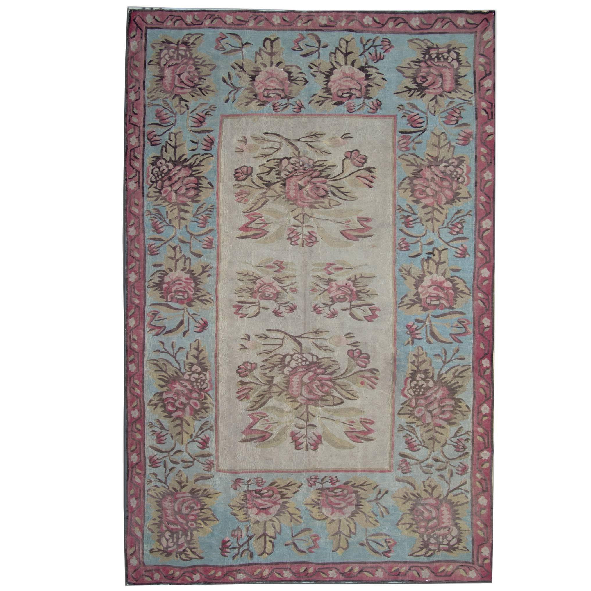 Antique Rugs, Kilim rugs from Bessarabia, Aubusson Rug, Sky Blue Floor Area Rug