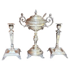 Antique Dining Table Garniture Set Silver-Plated Rococo Revival Pair of Candle H