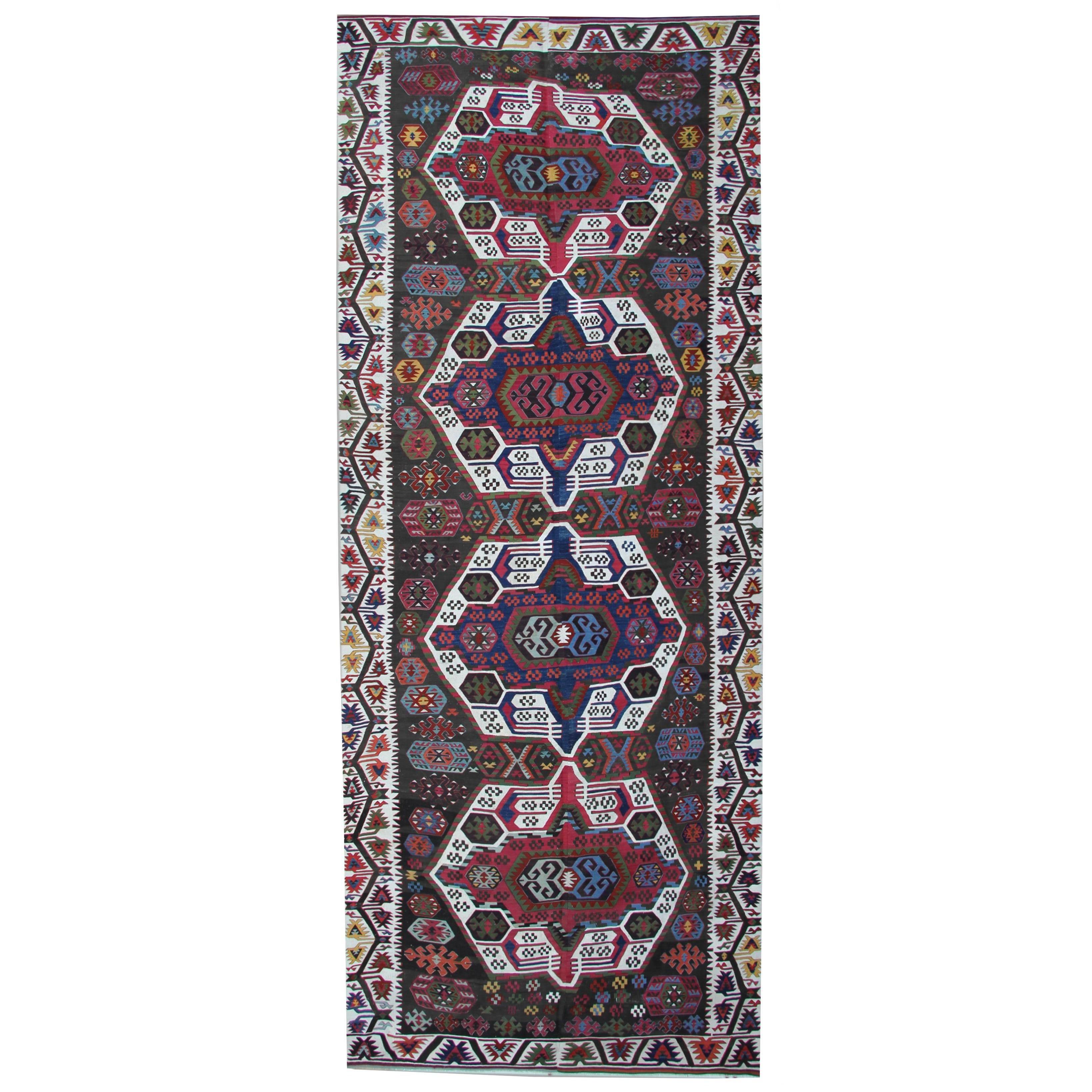 Antique Rugs Turkish Kilim Rug Quality Runner, Geometric Handmade Carpet For Sale