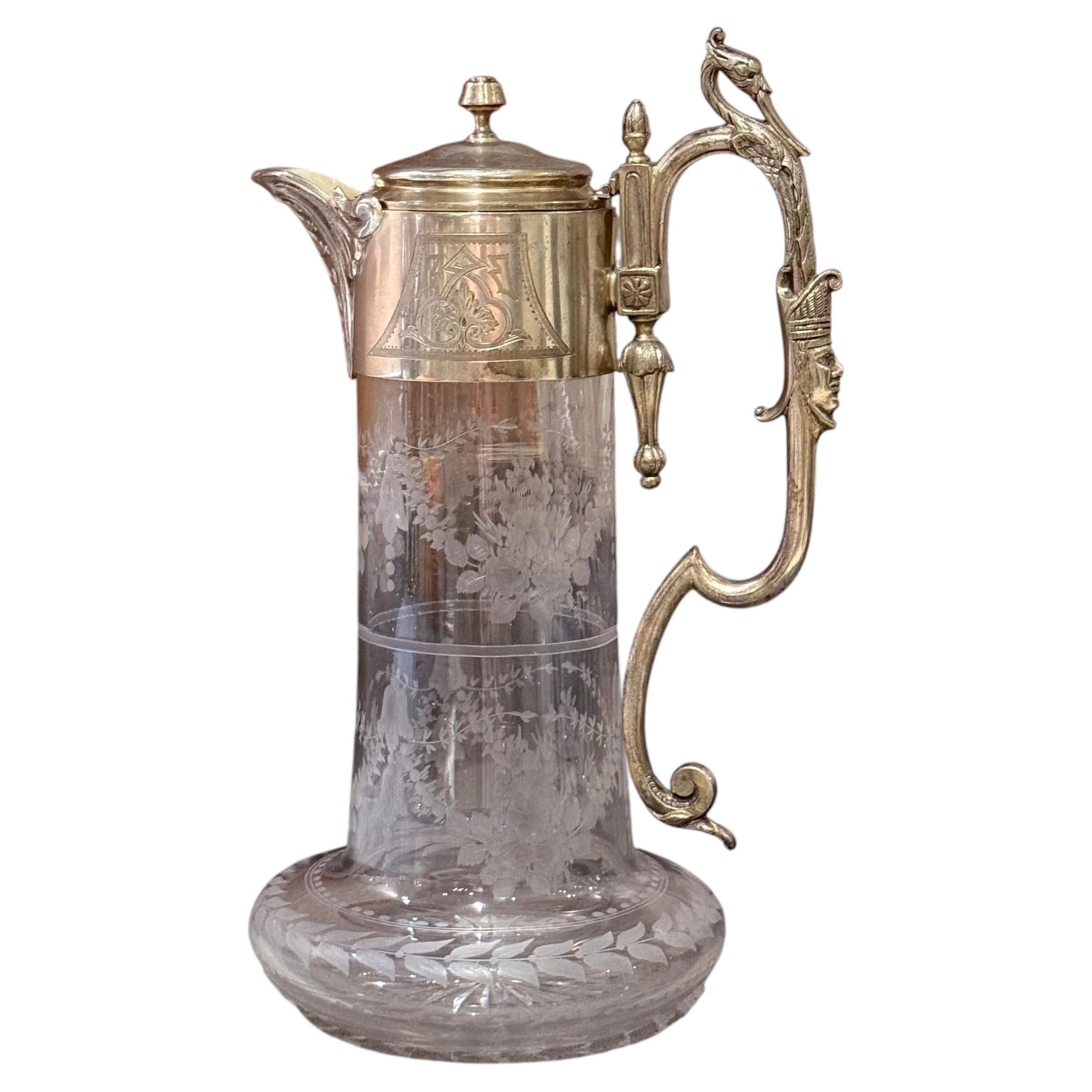 Antique Silver Pitcher, GLASS CLARET JUG Decorative Crystal Flask Silver Itay