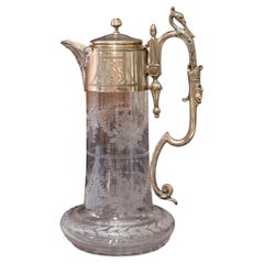 Antique Silver Pitcher, GLASS CLARET JUG Decorative Crystal Flask Silver Itay