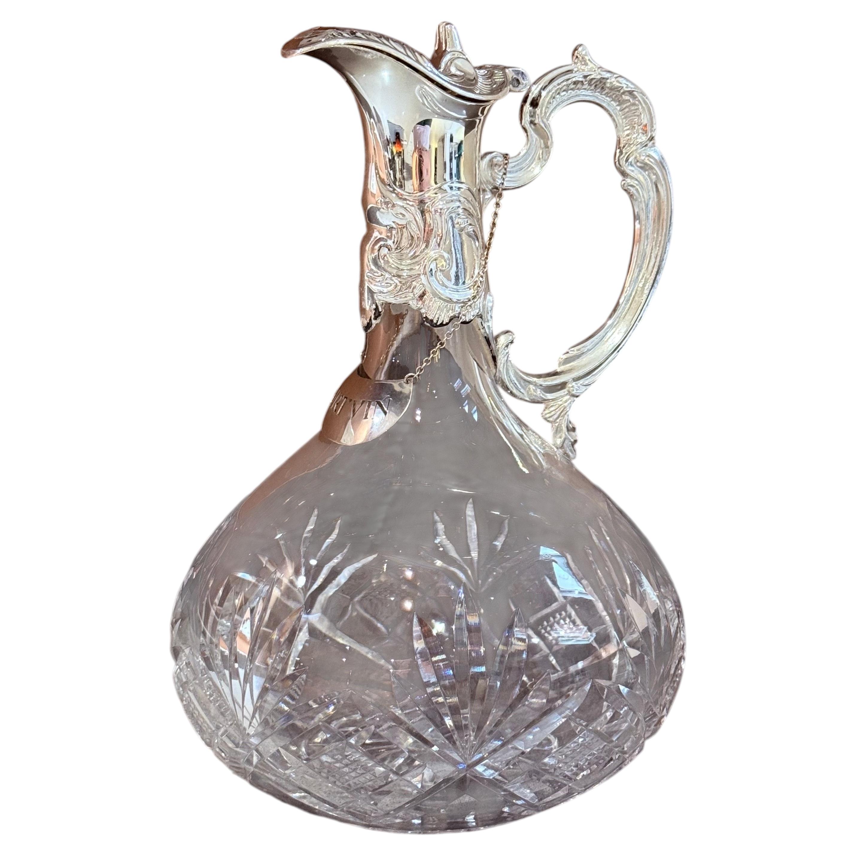 Antique Silver Pitcher, Crystal CLARET JUG Decorative Crystal Flask Silver Itay