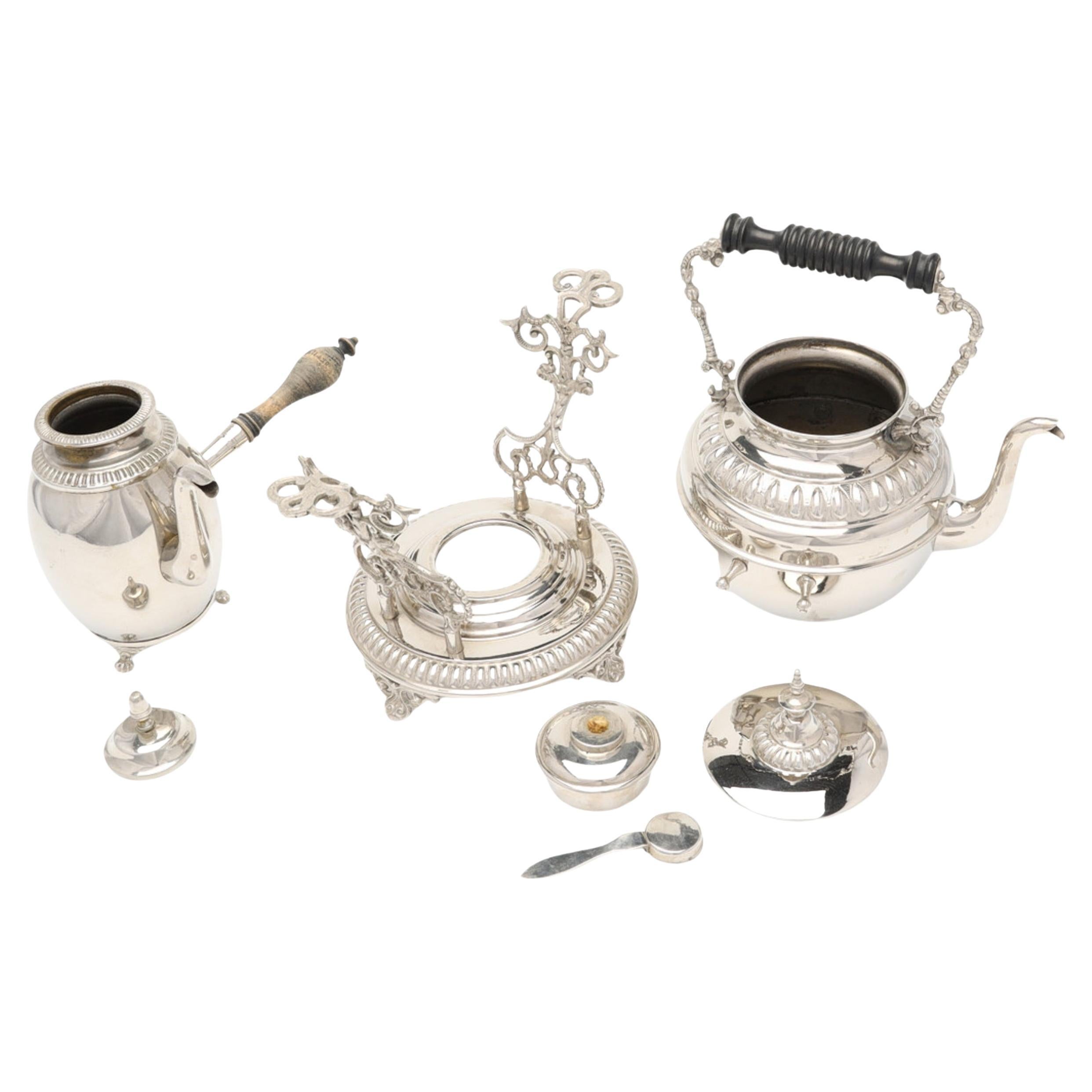 Set da tè placcato in argento, esclusivo bollitore antico in 3 parti, caffettiera, scaldavivande in vendita