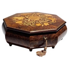 Decorative Box with Key, Italian Musical Jewelery Box Vintage Wooden Brown Box