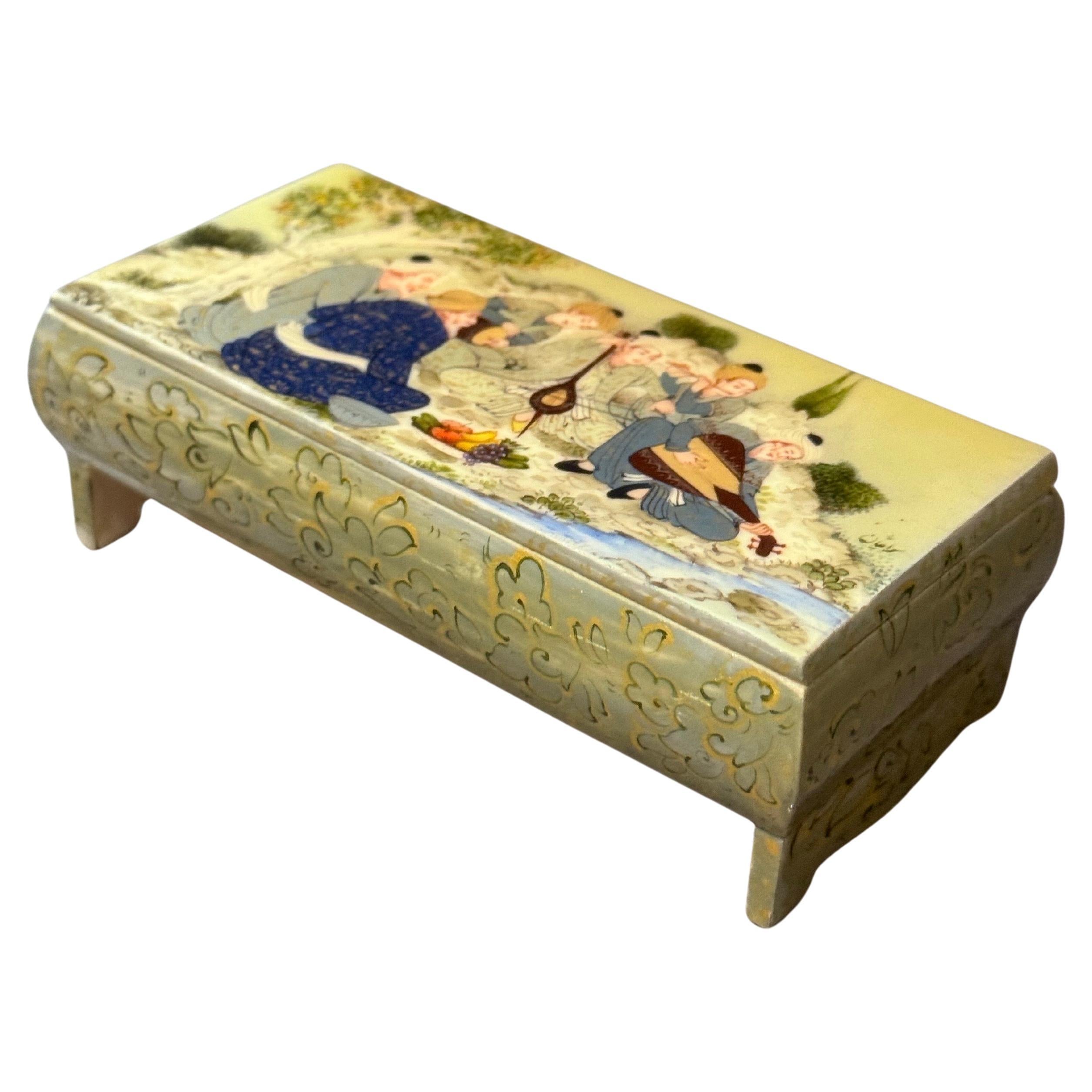 Scatola persiana in miniatura dipinta a mano - Scena di raduno musicale in policromia e go