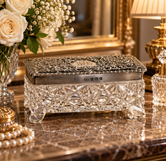 CAJA DE PLATA ANTIGUA Caja decorativa, plata de ley EDWARDIAN CUT Crystal Pot N&H