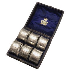 Antique English Silver Napkin Rings Set of 6, Original Case Ornate Art Deco