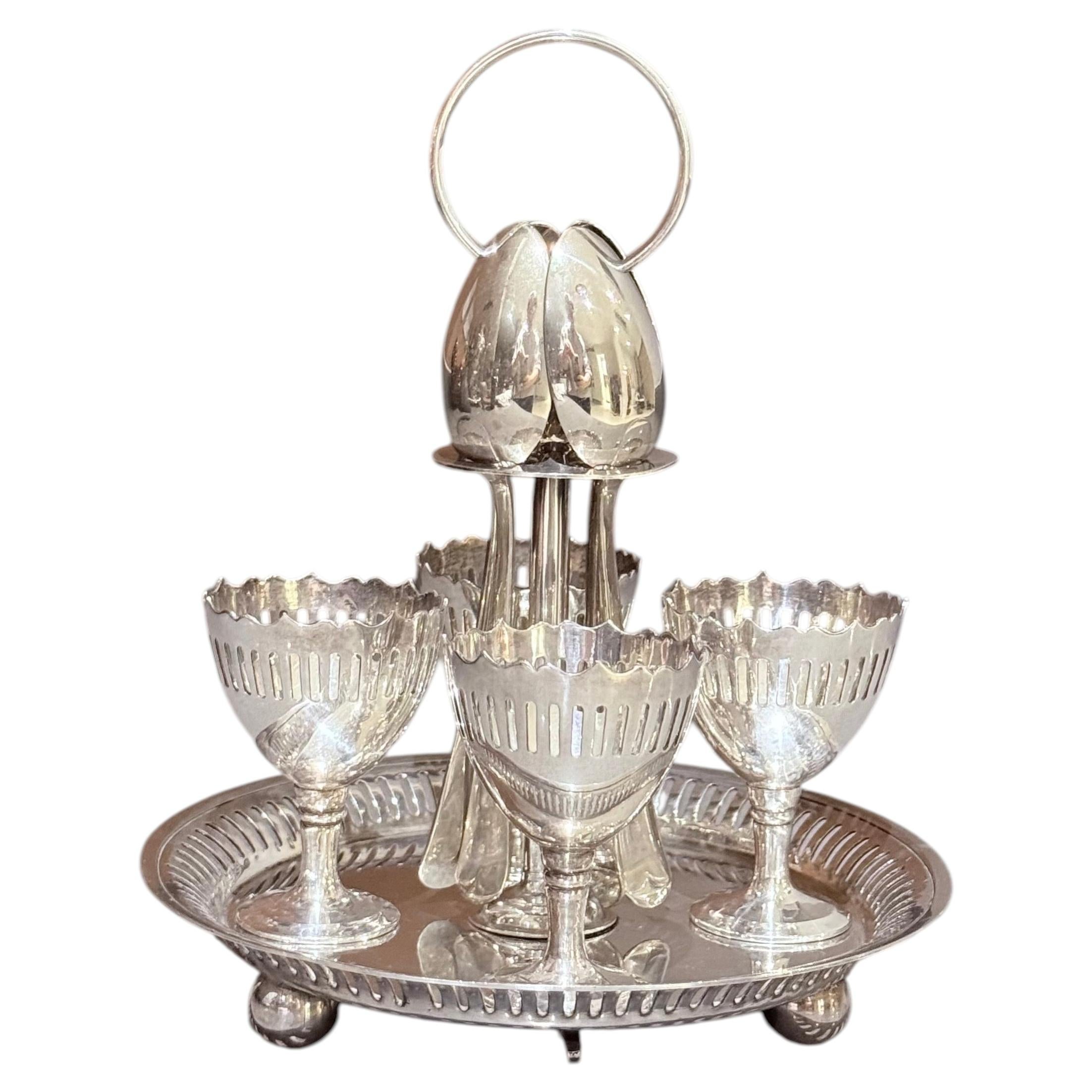 Antique Silver Egg Coddler Stand Holder set of 4 Egg Holder with 4 Silver Spoons