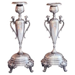 Pair Candle Holder Silver Antique Rococo Style Candlesticks, Decorative Patina