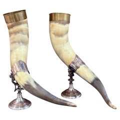 Pair of Mounted Drinking Horns Drinking Glass on Stand Early 20th Century Silver
