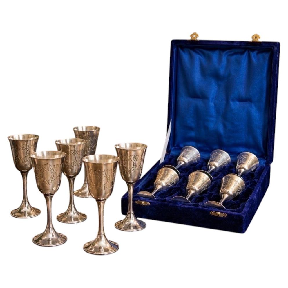 Set of Six Silver-Plated Cordial Cups in Original Blue Presentation Case For Sale