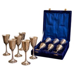 Set of Six Silver-Plated Cordial Cups in Original Blue Presentation Case