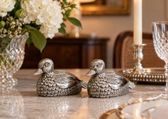 Juego de salero y pimentero con forma de pato, chapados en plata; figuritas vintage de menaje de mesa