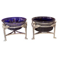 Pair of Vintage Silver-Plated Swan Salts with Cobalt Blue Glass Liners
