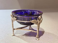 Pair of Vintage Silver-Plated Swan Salts with Cobalt Blue Glass Liners