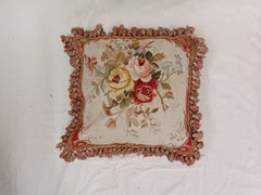 French Style Aubusson Floral Tapestry Cushion, Rose Bouquet & Tassel Fringe