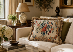 Large French Style Aubusson Floral Tapestry Cushion Rose Bouquet & Tassel Fringe