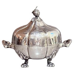 Antique Decorative Caviar Dish Caviar Serving, Silver Quadruple Plate Lid, Spoon