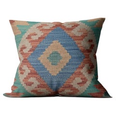 Torquise Blue Geometric Cushion Cover, Vintage Wool Kilim Pillow Home Decor