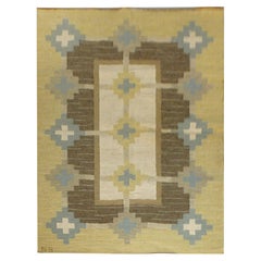Yellow Swedish Kilim Flat Weave Rug, Signed GS Sverker Greuholm Geometric
