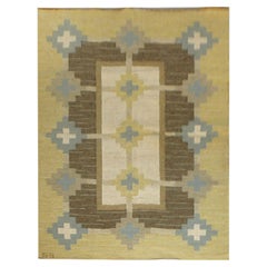 Yellow Swedish Kilim Flat Weave Rug, Signed GS Sverker Greuholm Geometric