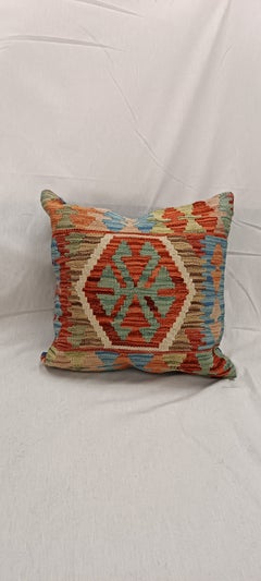 Torquise Blue Geometric Cushion Cover, Vintage Wool Kilim Pillow Home Decor