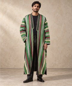 Rare Antique Turkmen Silk Chapan Robe, Cream/Green Striped Textile Dressing Gown