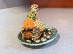 Decorative Hen Trinket Jewellery Box with Crystal & Eggs Magnet Hinged Chicken