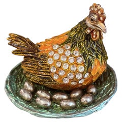 Decorative Hen Trinket Jewellery Box with Crystal & Eggs Magnet Hinged Chicken
