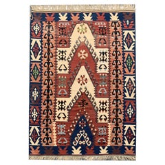 Antique Turkish Kilim Rug, Handwoven Wool, Chevron Motif Flatweave Carpet, 1950s