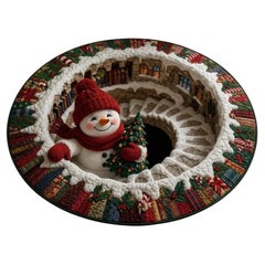 Tapis décoratif rond sur le thème de Noël, avec un bonhomme de neige et un motif d'illusion d'optique