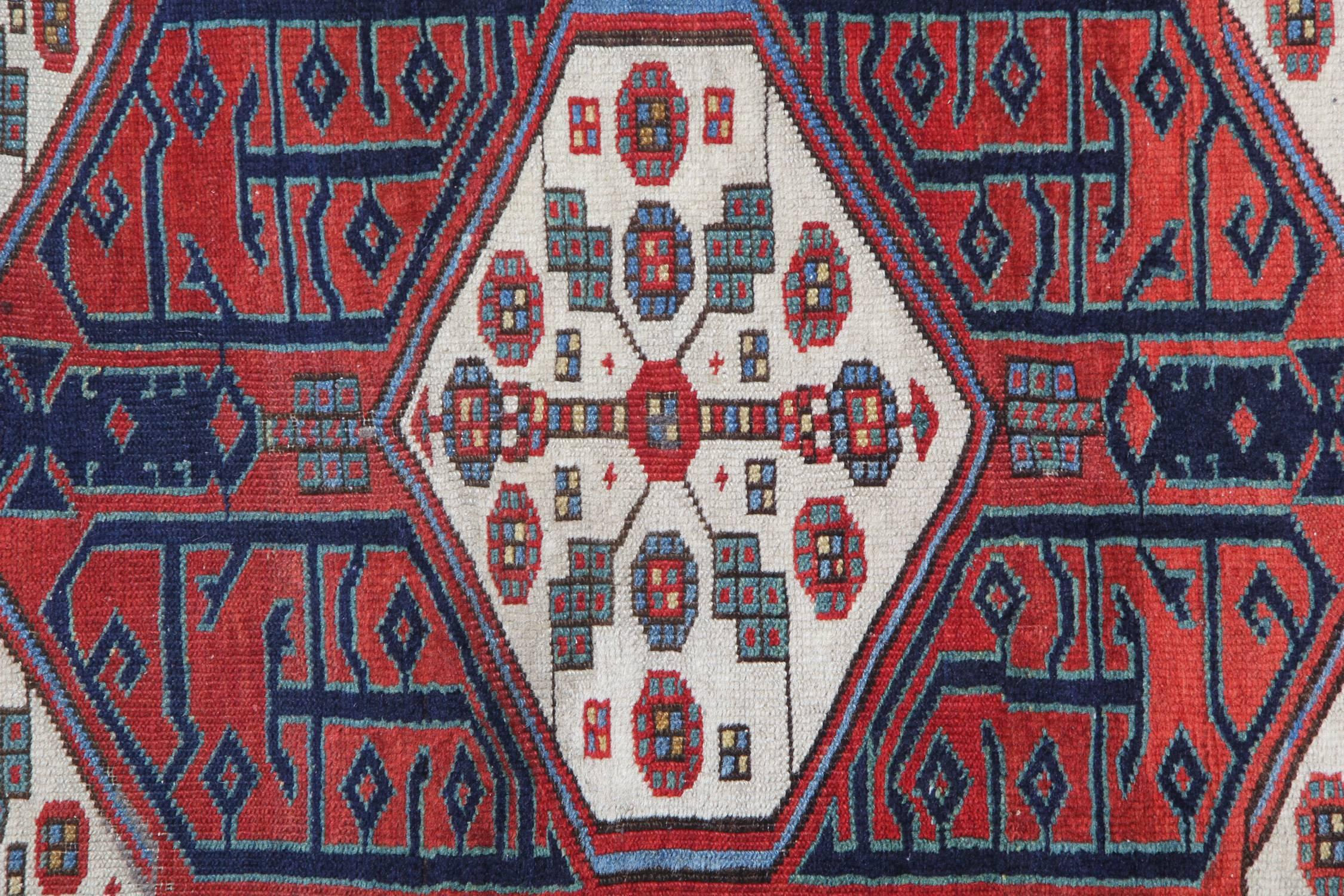 Caucasian Antique Rugs, Geometric Runner Rug Handmade Carpet Runner Oriental Rugs for Sale For Sale