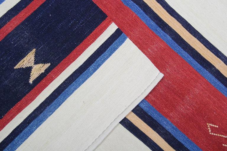 Wool Kilim Rug, Striped Rug Blue Red Carpet Handwoven Area Rug For Sale