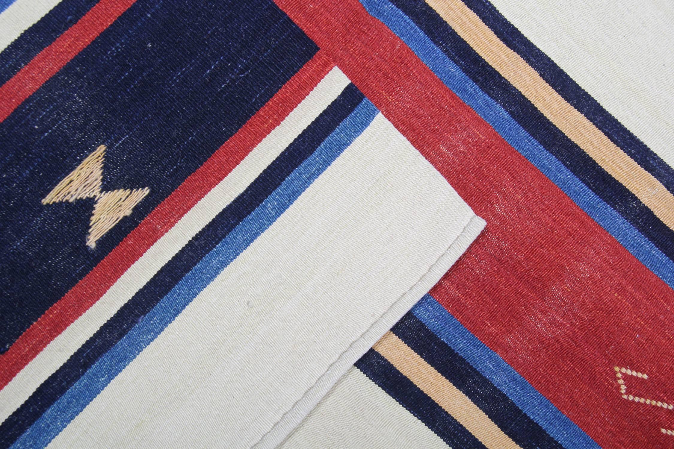 Modern Wool Kilim Rug, Striped Rug Blue Red Carpet Handwoven Area Rug