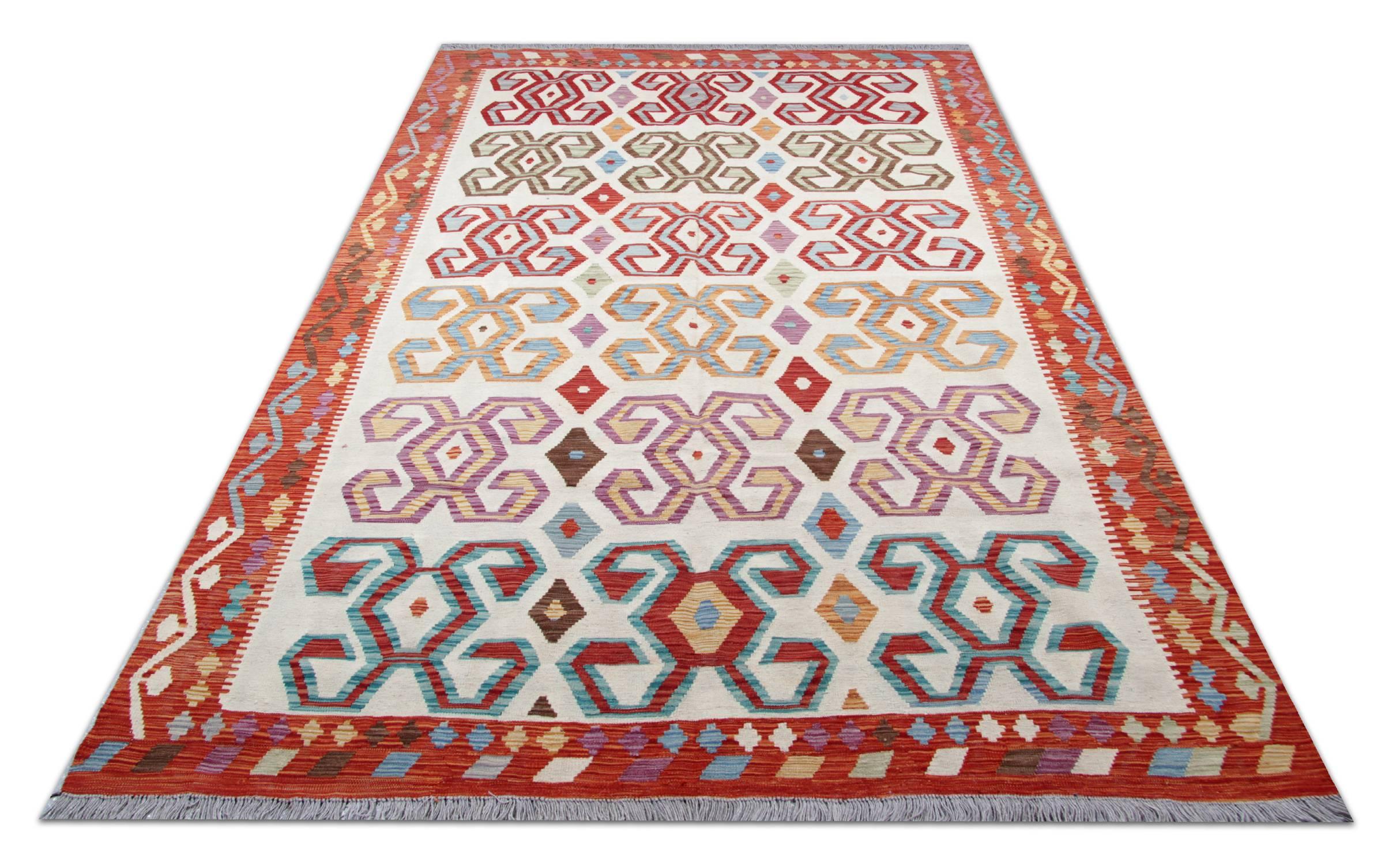 These wool rugs are handwoven by the very skilled weaver in Afghanistan by Uzbek and Turkmen tribes. These natural rugs reflect the best weaving traditions and are also unique colourful rugs. This Oriental rug is a flat weave rug and woven in