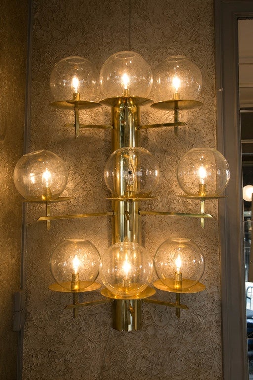 Pair of brass sconces with 9 arms, Murano glass globes