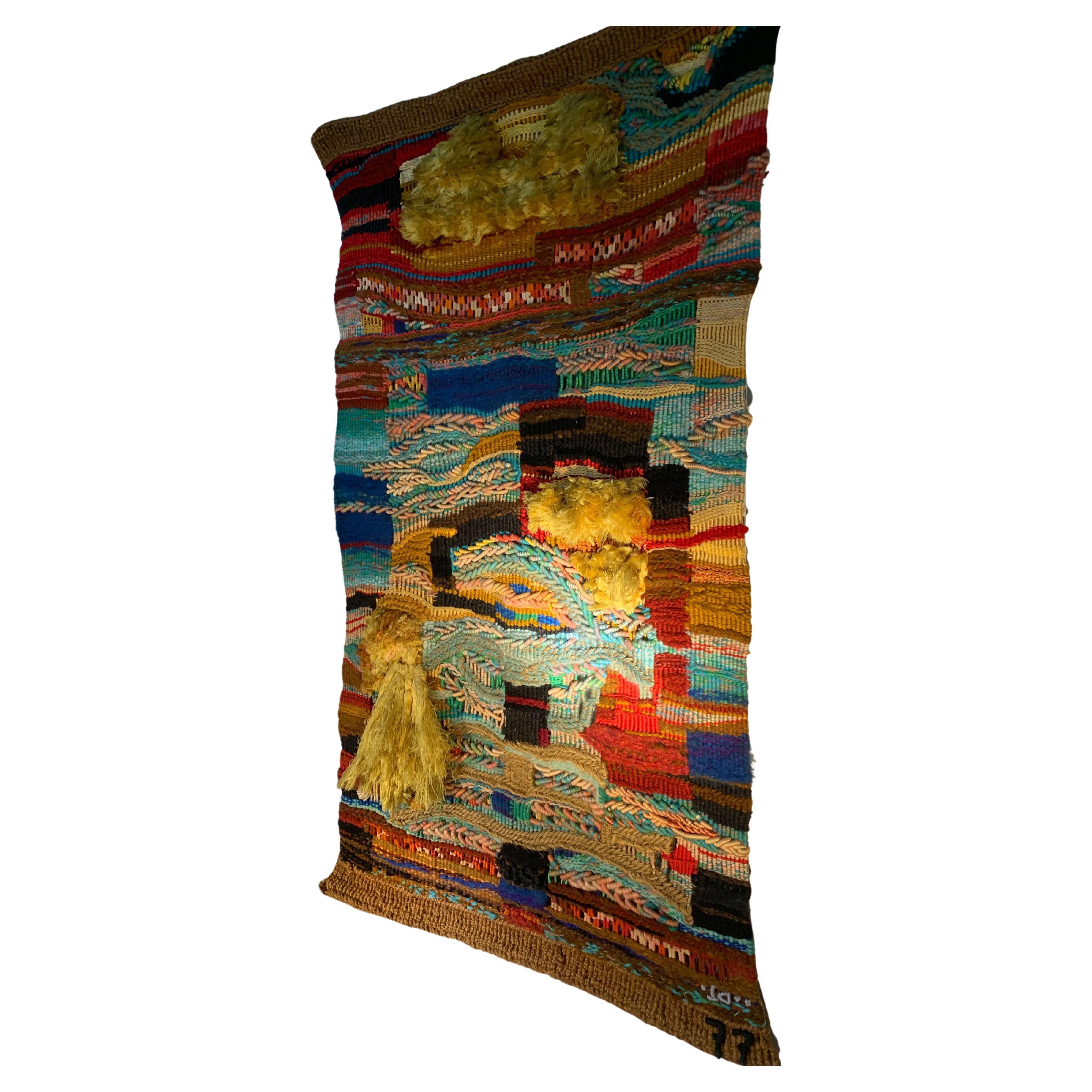 French artistic wall tapestry signed and dated 1977 For Sale