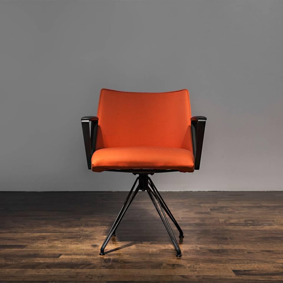 Rare P99 desk chair by Osvaldo Borsani for Tecno, Italy 1957, in enameled steel, rubber and upholstery, manufactured by Tecno, with applied metal manufacturer’s labels to frame.
