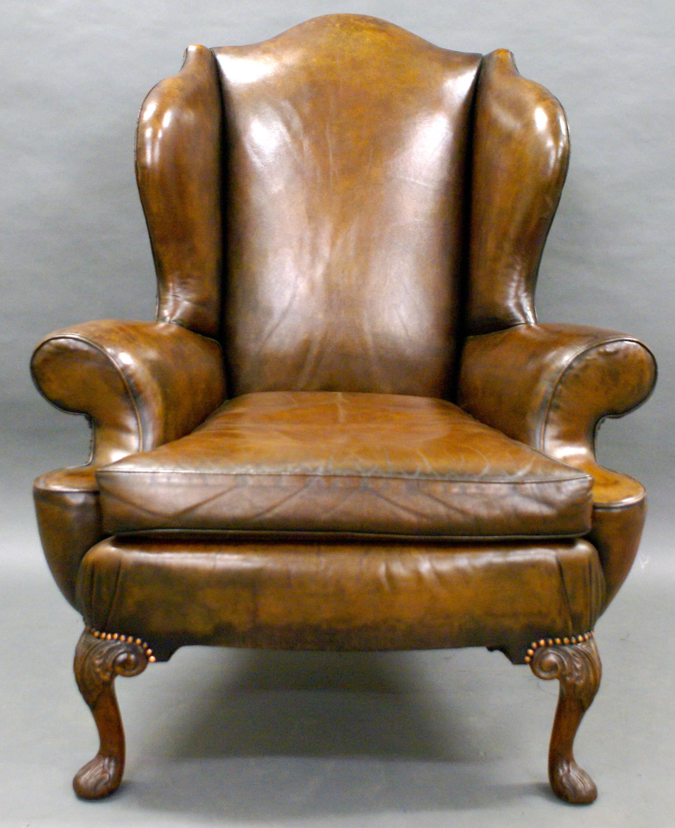 George II Georgian Revival Leather Upholstered Wingback Chair