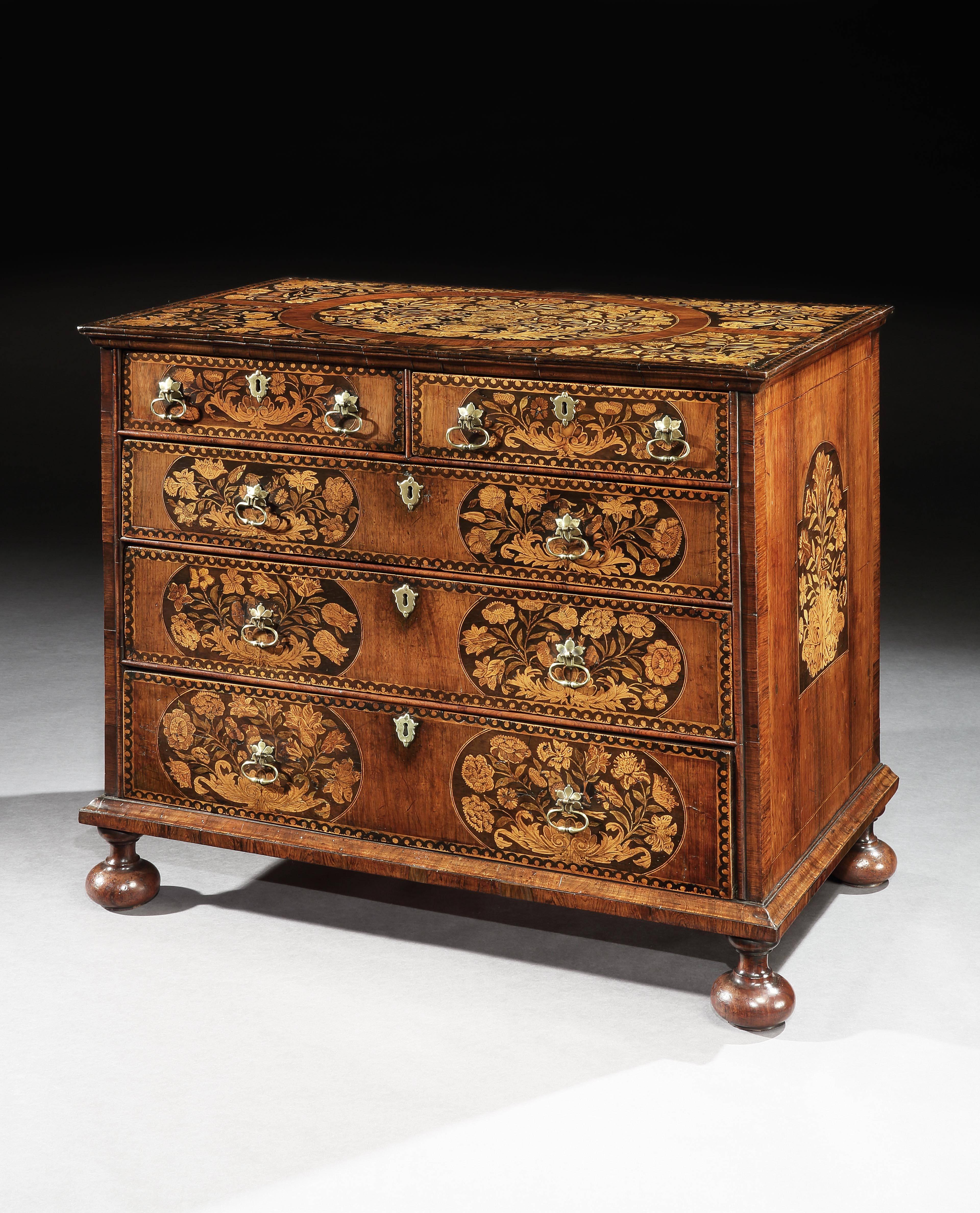 17th Century William and Mary Marquetry Chest of Drawers with Floral Marquetry